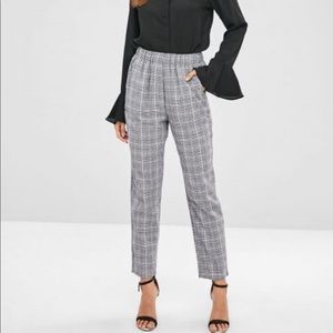 Elastic Waist Straight Plaid Pants
